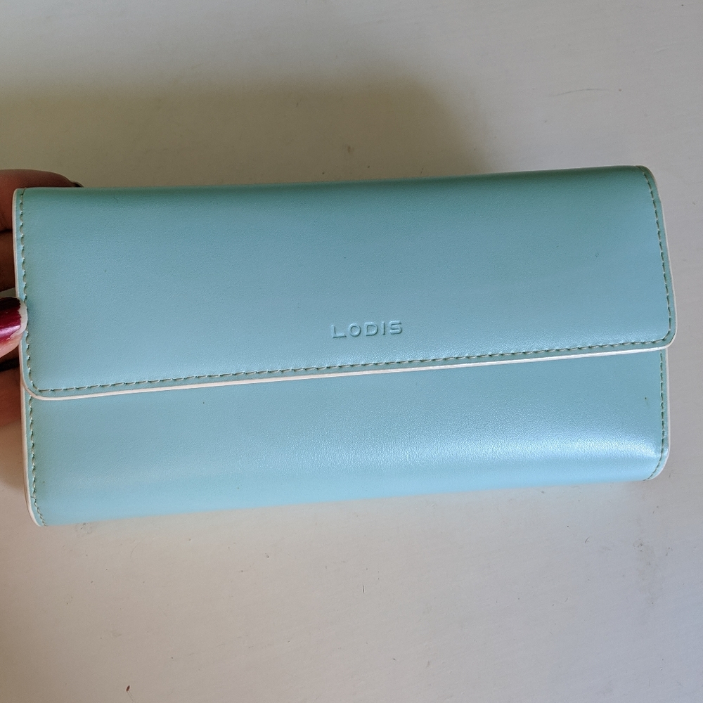 Lodis Robin's Egg Blue and Cream leather wallet